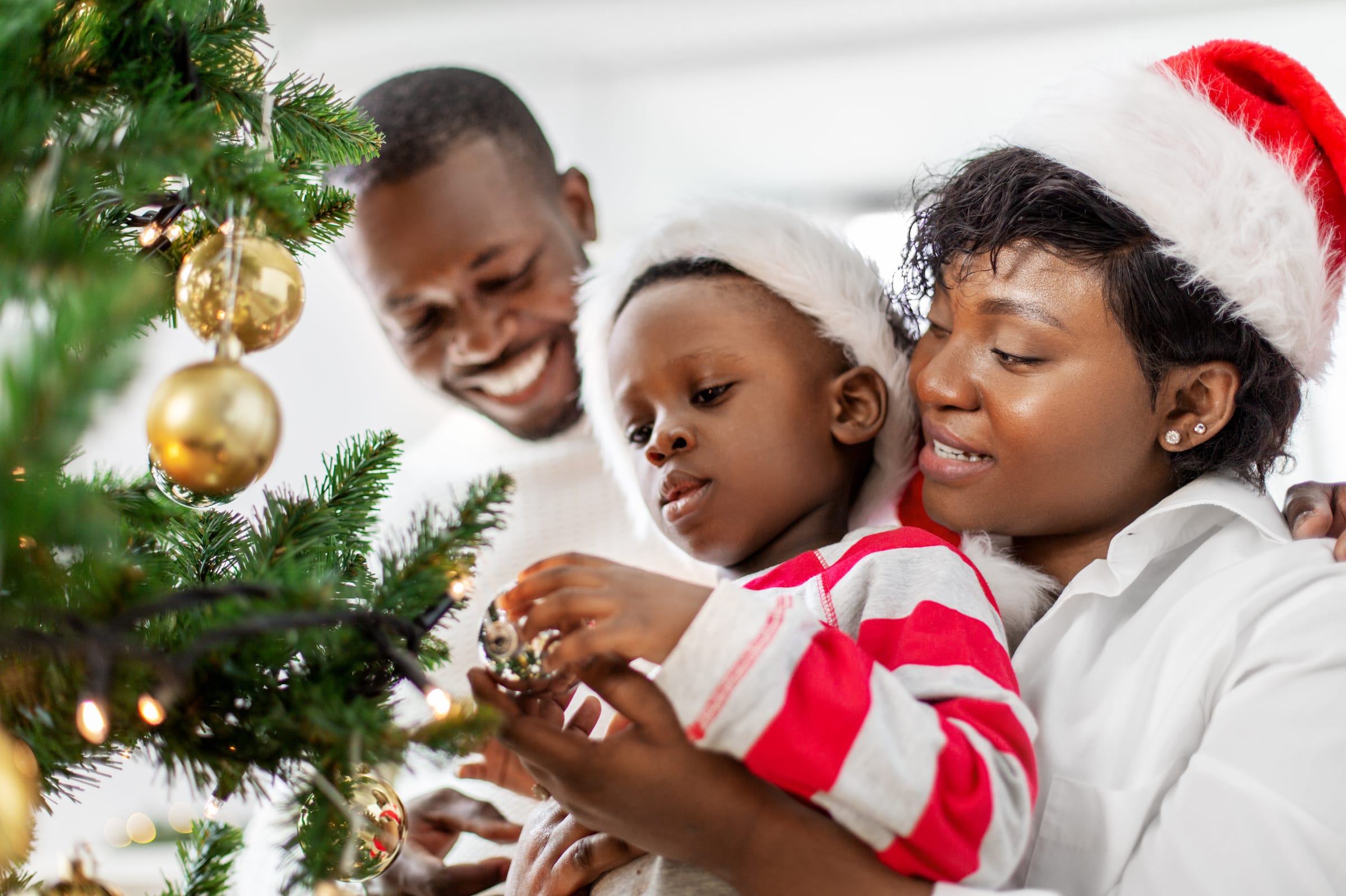 Family decorating Christmas Tree