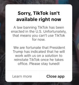 Message from Tik Tok on shut down