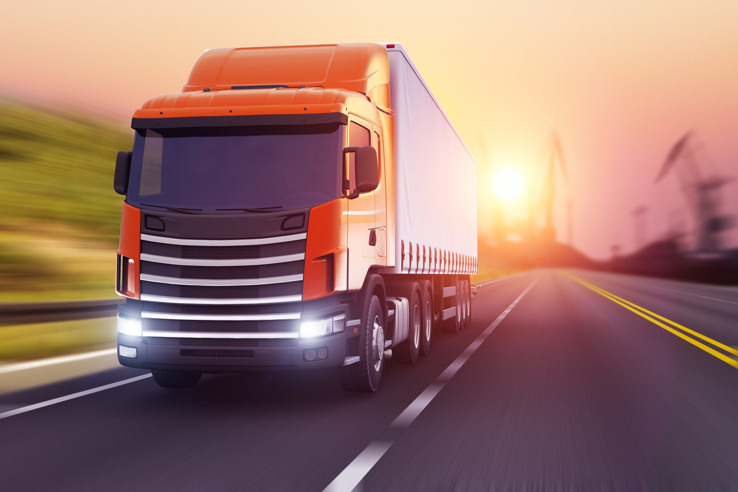 illustration of the semi-truck driving the highway in sunset with motion blur effect