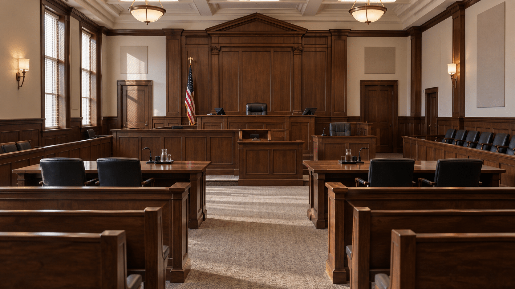 Empty generic American courtroom with judge’s bench, counsel tables, and wooden gallery seating. Empty generic American courtroom with judge’s bench, counsel tables, and wooden gallery seating.
