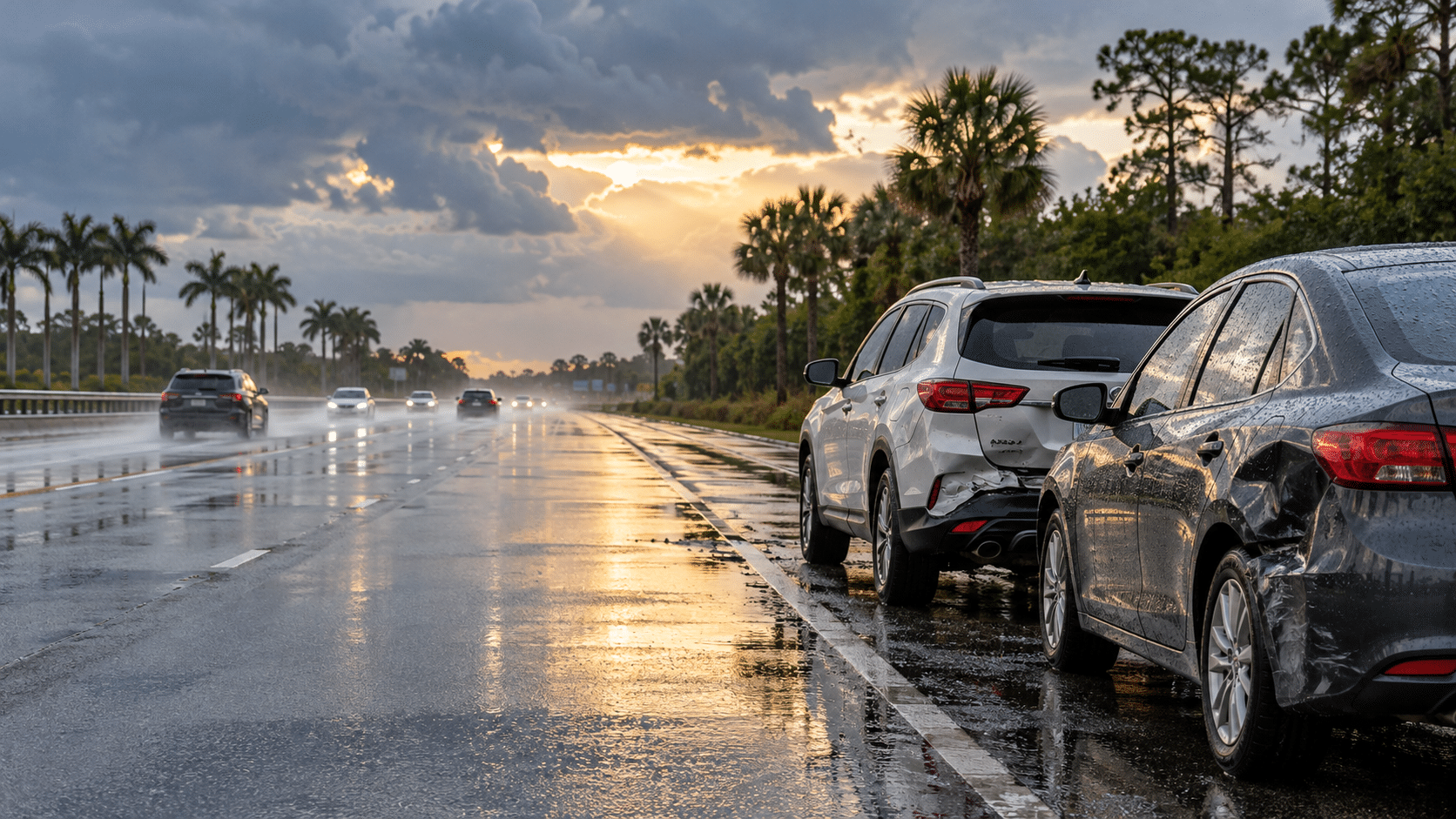 Rainy Florida Roadside Collision Two cars pulled onto the shoulder of a wet Florida road after a rain related collision